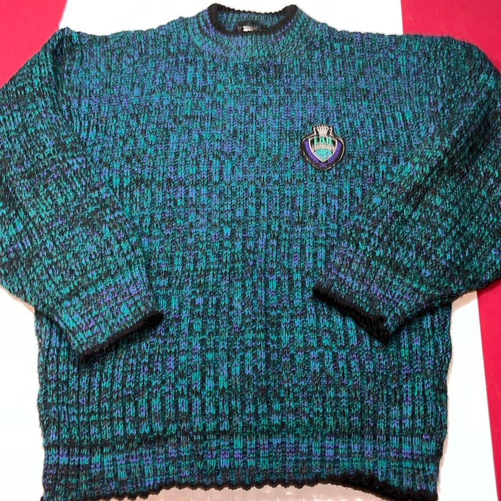90’s I.O.U. Legendary PATCH SWEATER Pullover mock neck black purple green Large